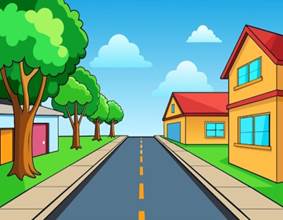 A cartoon illustration of a street with a house and trees | Premium Vector